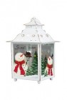 Подсвечник Фонарь рождественский Белый со снеговичками 18 х 18 х 29 см (металл/стекло) KH71701